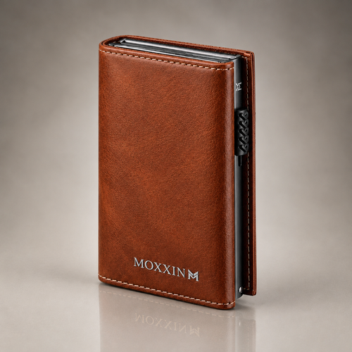 Moxxin brown leather pop-up wallet, closed, with silver embossed logo and silver stitching