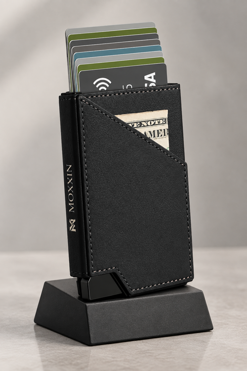 Black Moxxin Pop-Up Wallet with cards raised and cash visible